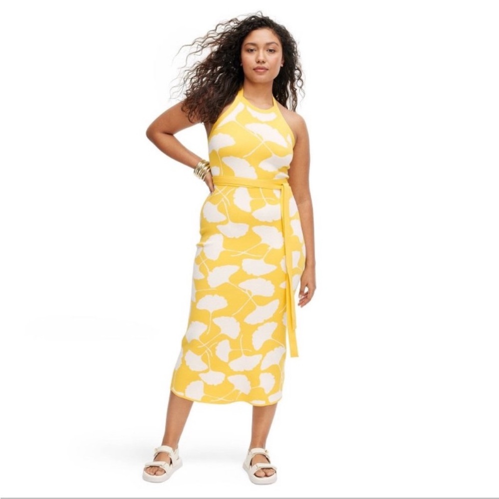 DVF for Target Halter Tie-Neck Gingko Yellow Sweaterknit Midi Dress. Size M